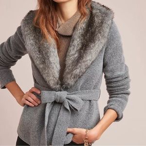 Anthropologie Bois du Boulogne Gray Wool Blend Cardigan Fur Collar Size XS